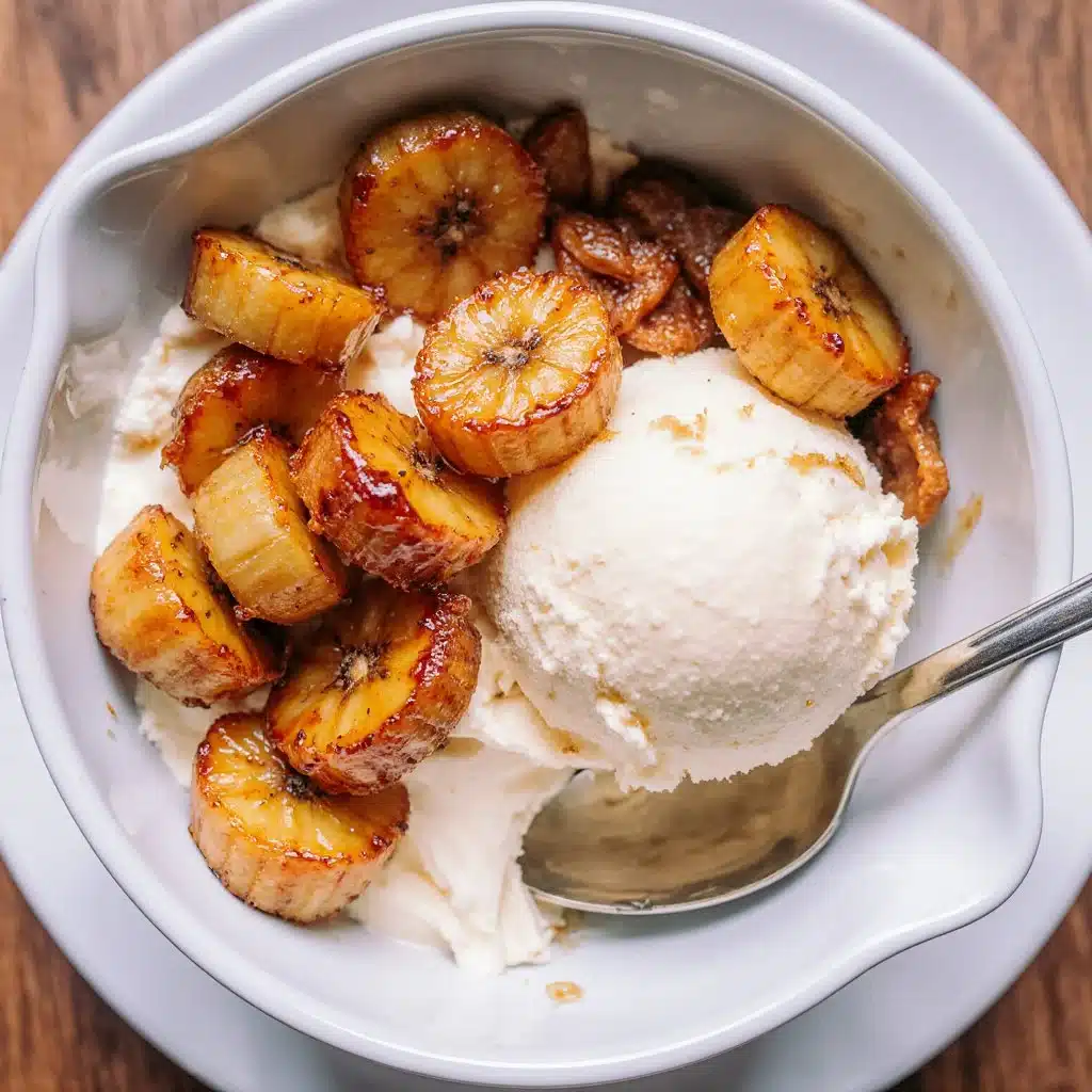 Air fryer caramelized bananas served on a plate with a scoop of ice cream