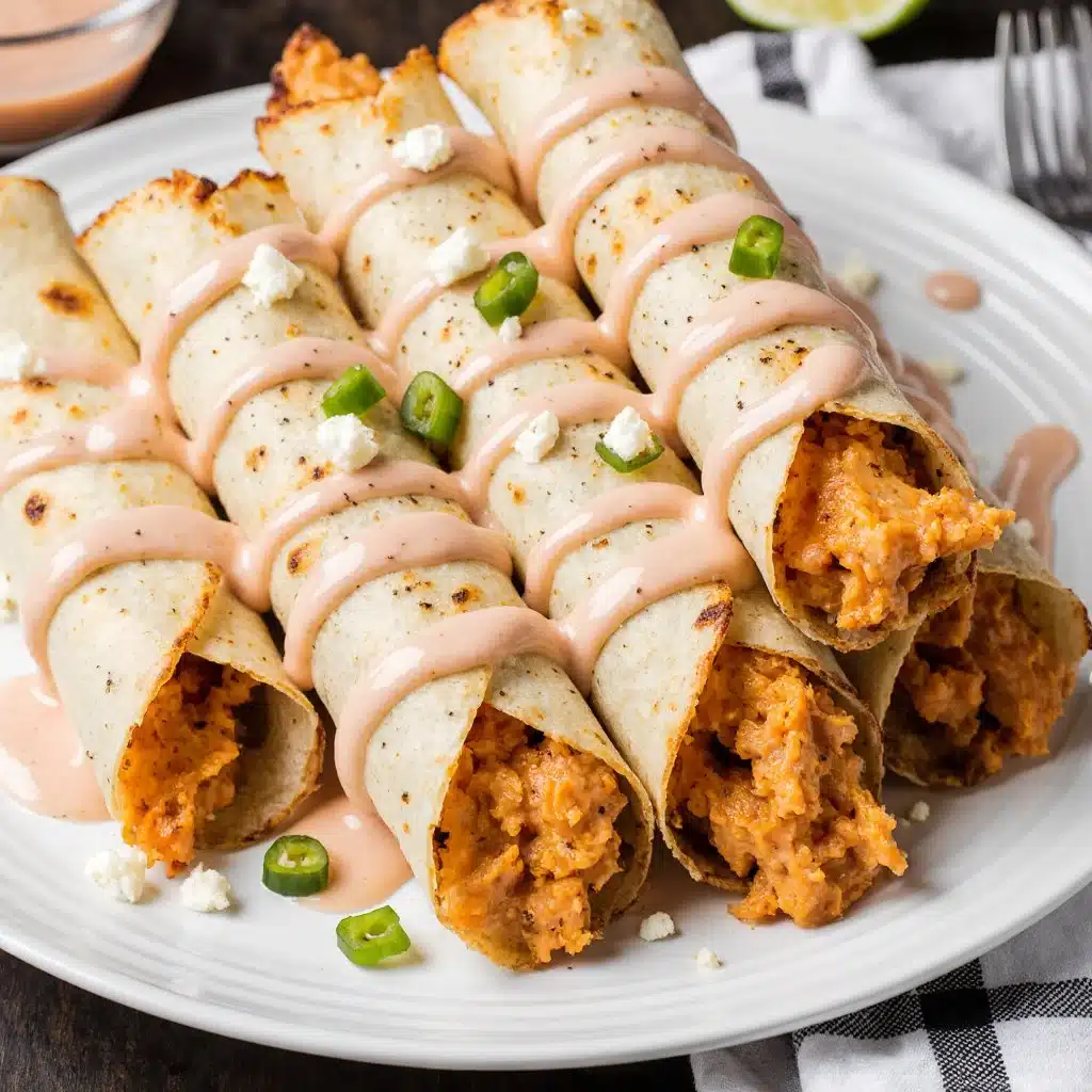 Baked Buffalo Chicken Taquitos on a plate garnished with celery