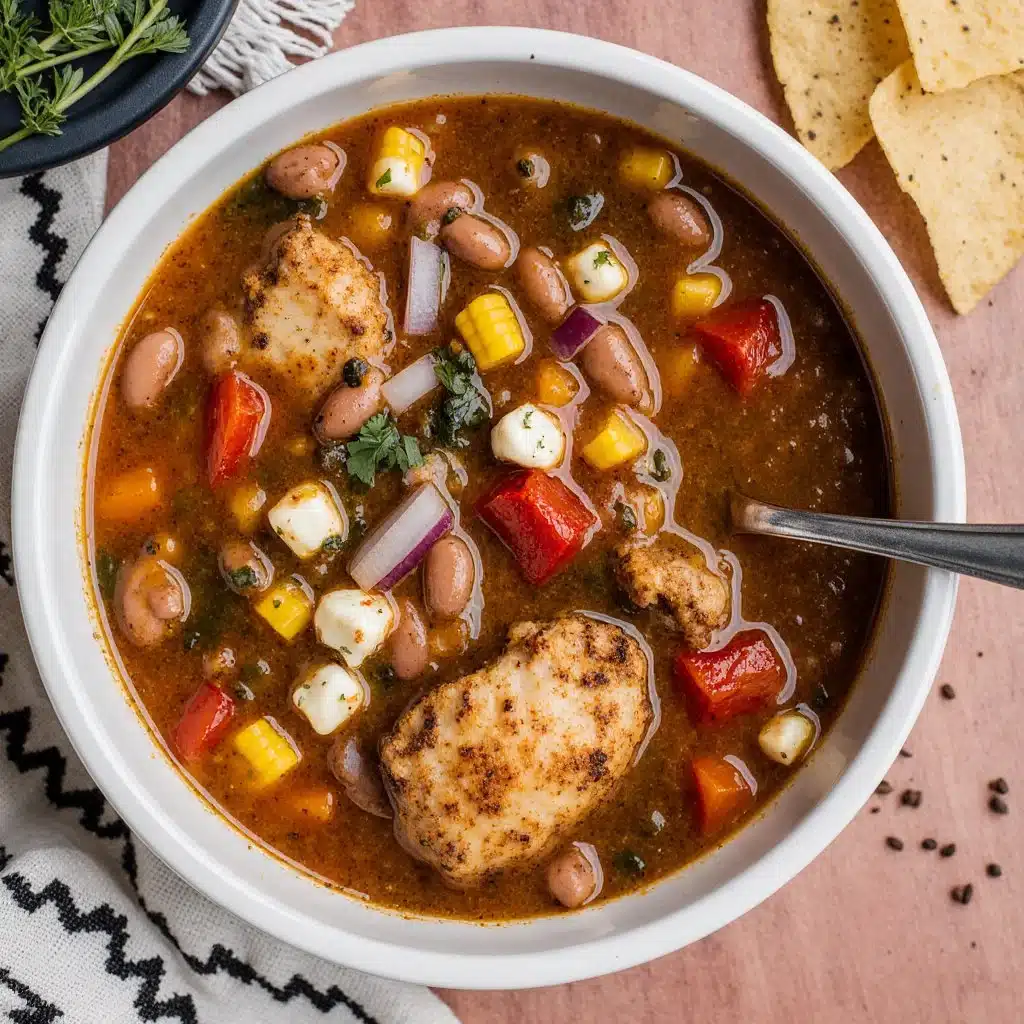 A delicious bowl of BBQ Chicken Soup with smoky flavors and tender chicken pieces.