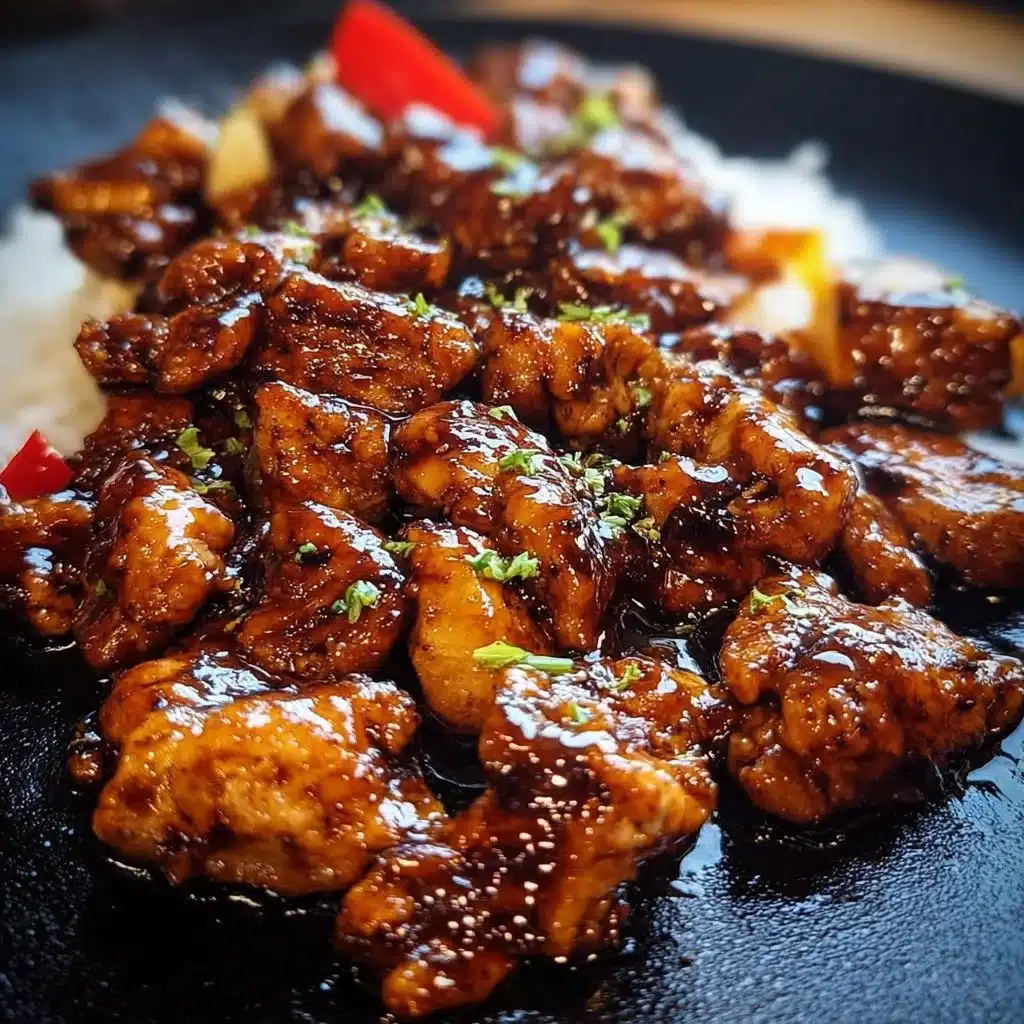 Delicious Blackstone Bourbon Chicken served on a plate with vegetables