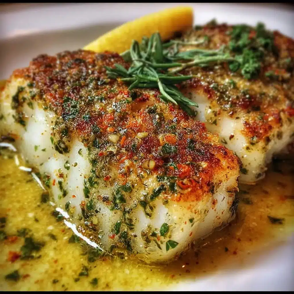 Deliciously baked cod from a Boston recipe, garnished with herbs and lemon.