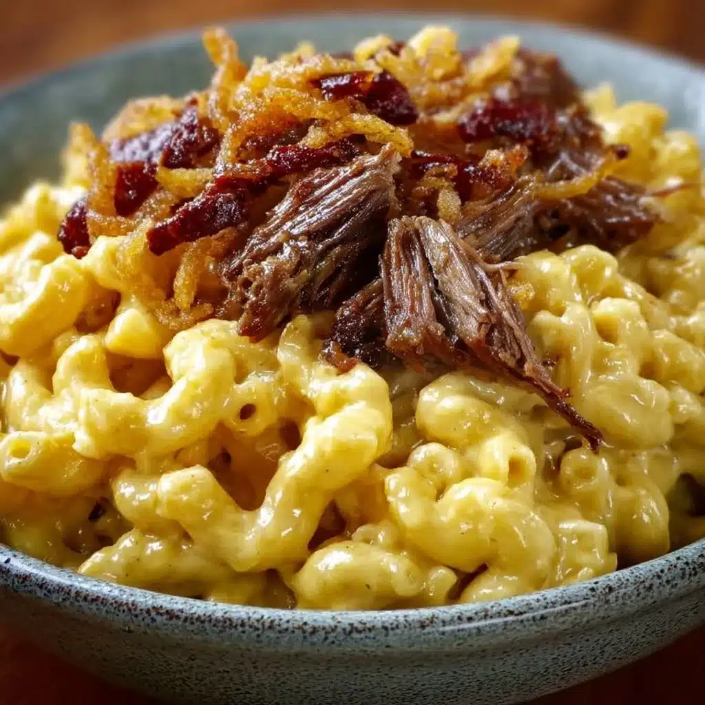 Delicious Brisket Mac and Cheese topped with brisket and creamy cheese sauce