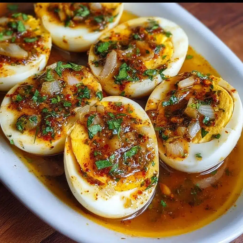 Cajun boiled eggs served with spicy garlic butter sauce on a plate