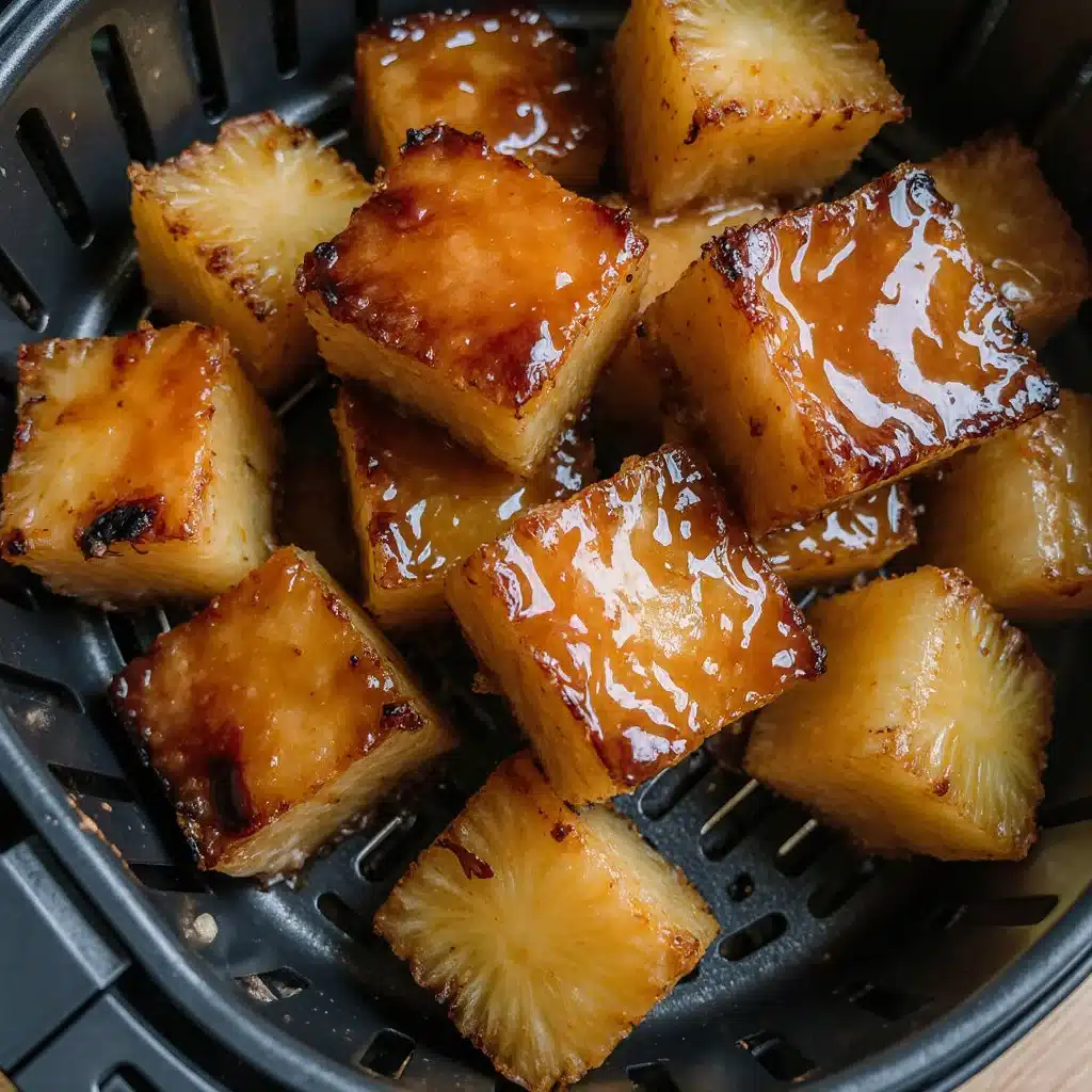 Caramelized pineapple slices drizzled with syrup on a platter.