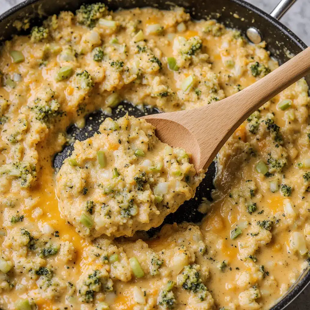 Cheesy broccoli cauliflower rice dish served in a bowl