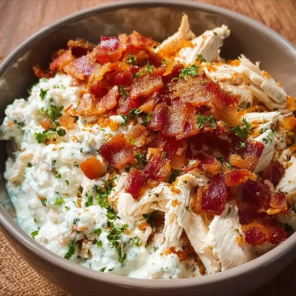 Chicken Bacon Ranch Cottage Cheese Bowl topped with crispy bacon and fresh herbs.