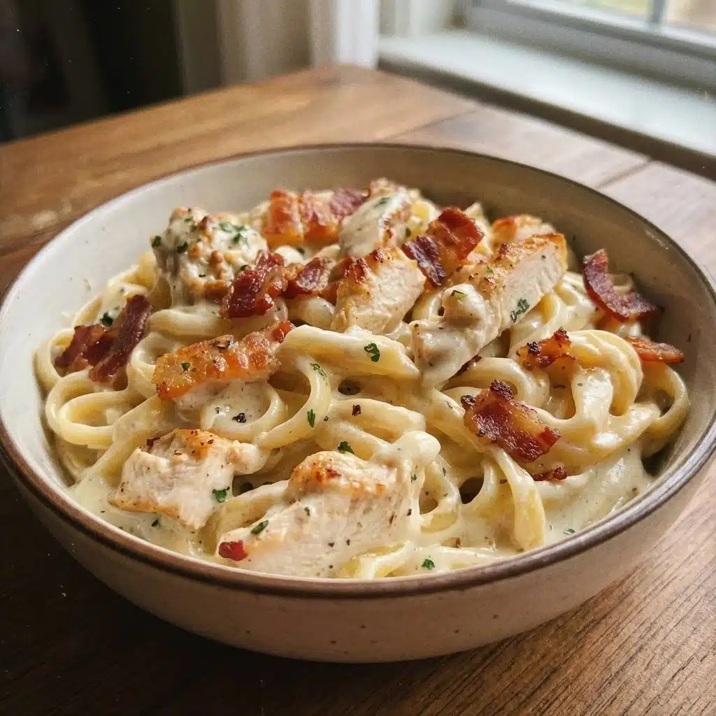 Delicious Chicken Bacon Ranch Pasta topped with crispy bacon and fresh herbs
