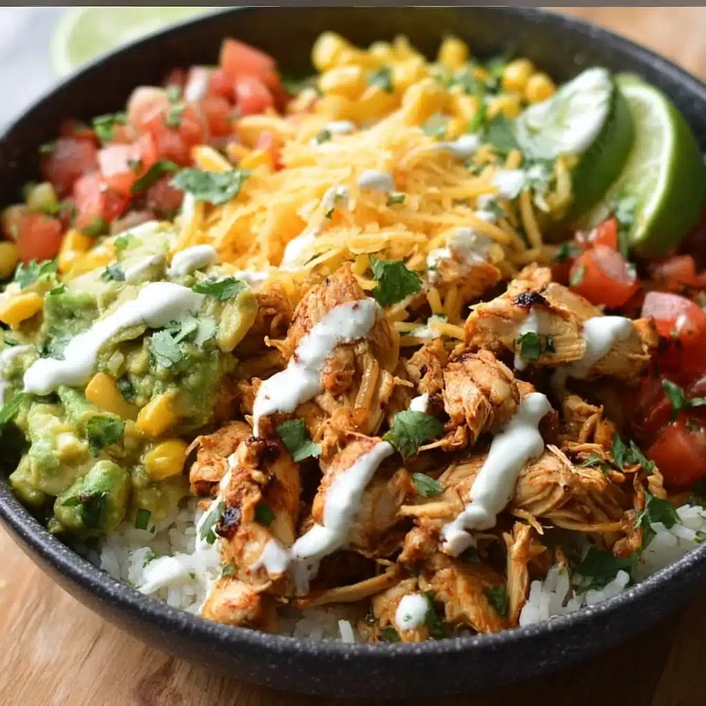 Healthy Chicken Burrito Bowl with rice, beans, and fresh vegetables