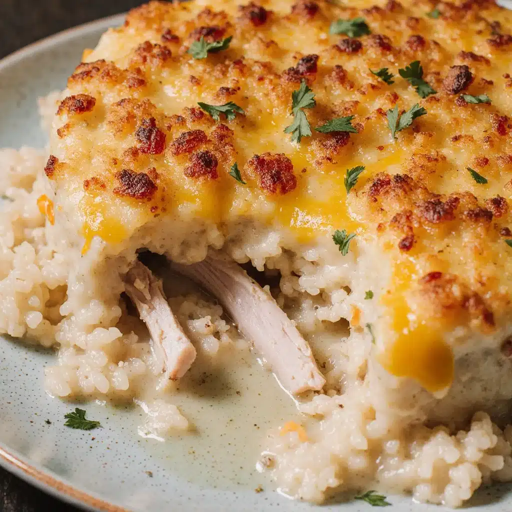 Baked Chicken Cauliflower Rice Casserole topped with cheese and herbs