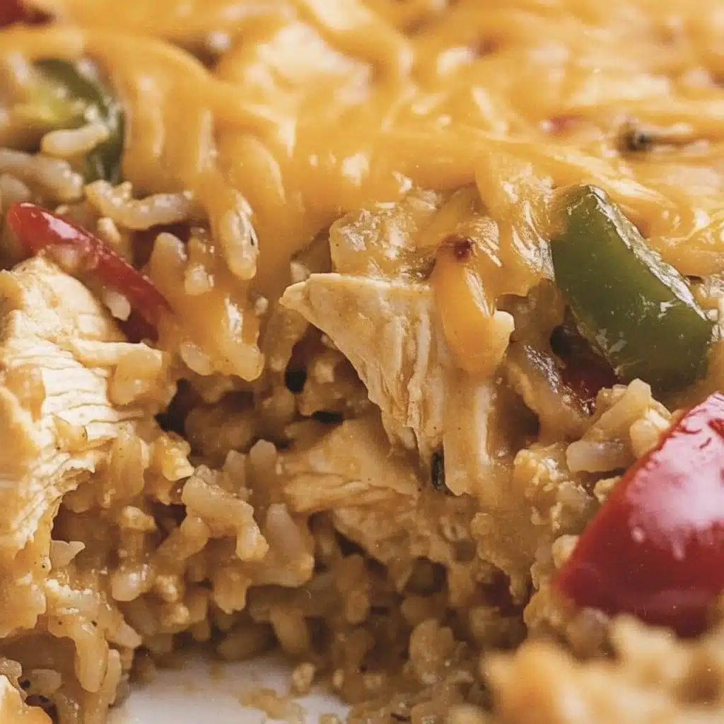 Delicious Chicken Fajita Rice Casserole topped with peppers and cheese.