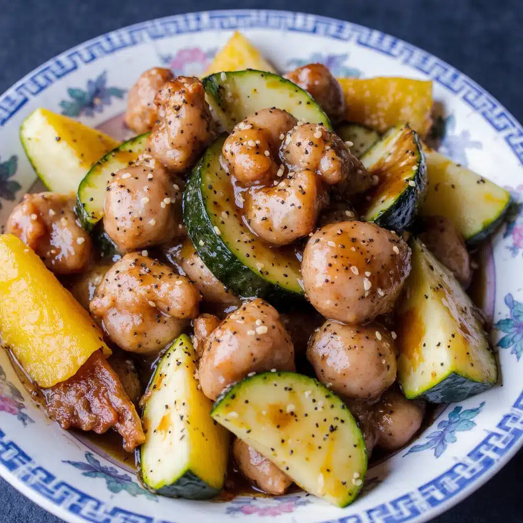 Delicious chicken zucchini stir fry served in a colorful bowl