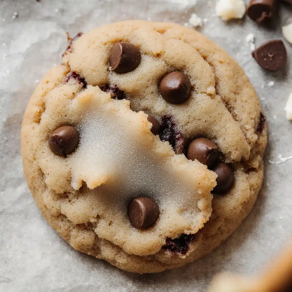 Baking fresh chocolate chip cookies on a wooden surface