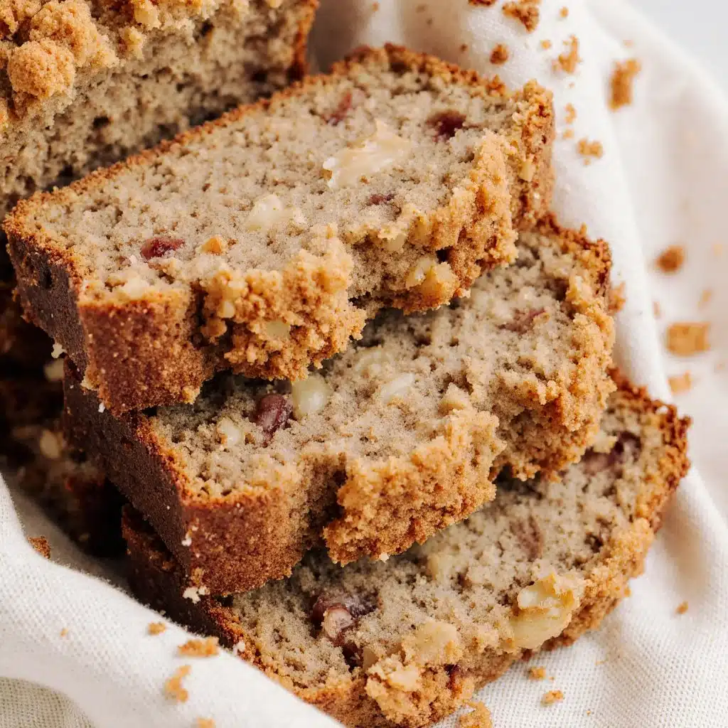 Sliced cinnamon crunch banana bread on a wooden board
