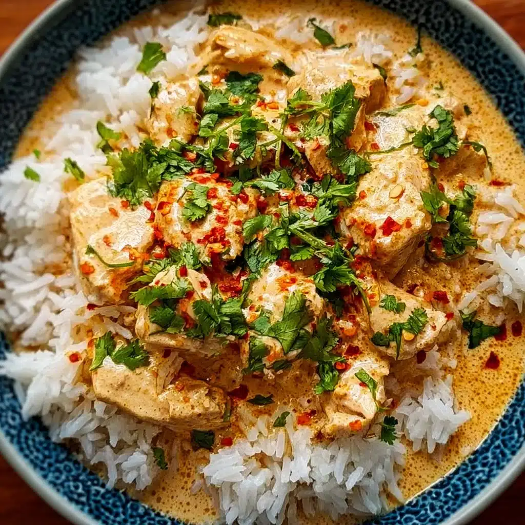 Delicious Coconut Chicken Rice Bowl with tender chicken and creamy coconut sauce