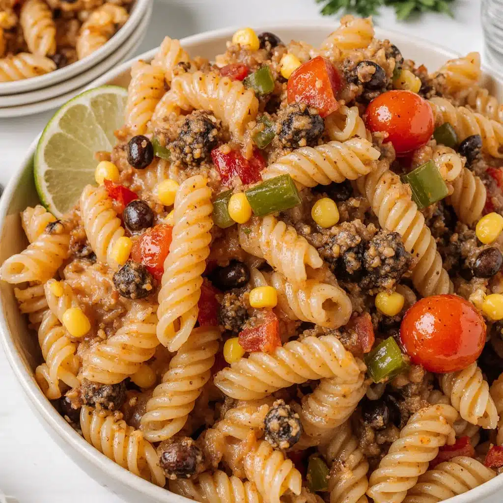 Colorful Cowboy Pasta Salad with fresh vegetables and dressing