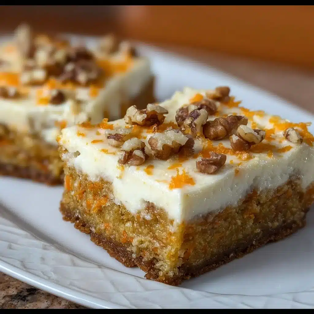 Delicious cream cheese carrot cake bars topped with frosting and grated carrots
