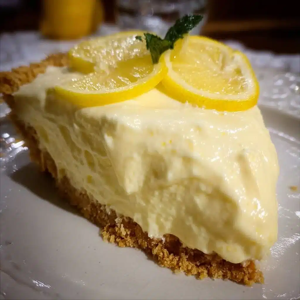 Delicious cream cheese lemonade pie garnished with lemon slices.