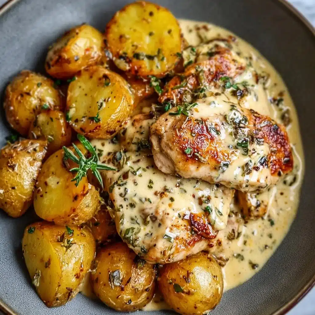 Creamy garlic chicken served with tender potatoes, a savory comfort meal.