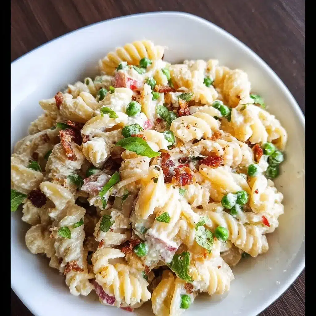 Delicious creamy pasta salad with fresh ingredients in a bowl