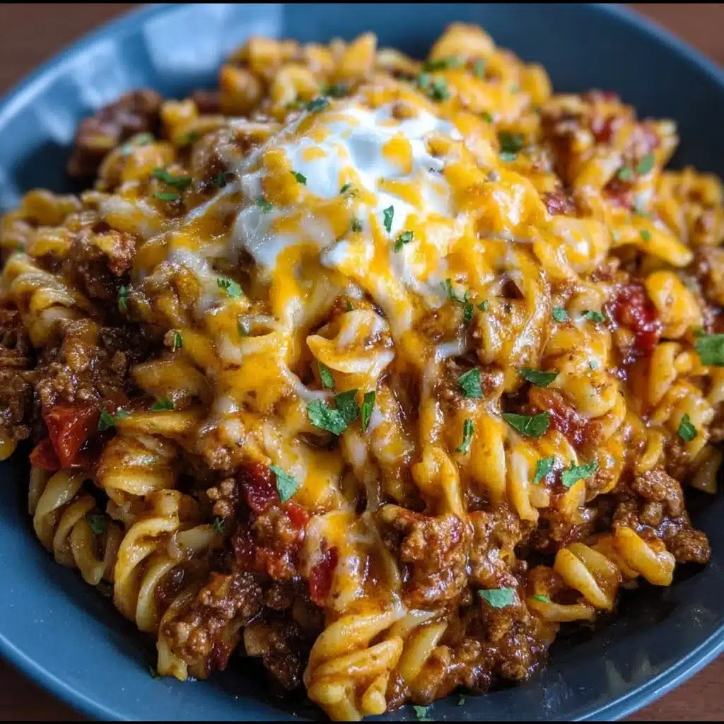 Delicious crockpot taco pasta served in a bowl with cheese and toppings
