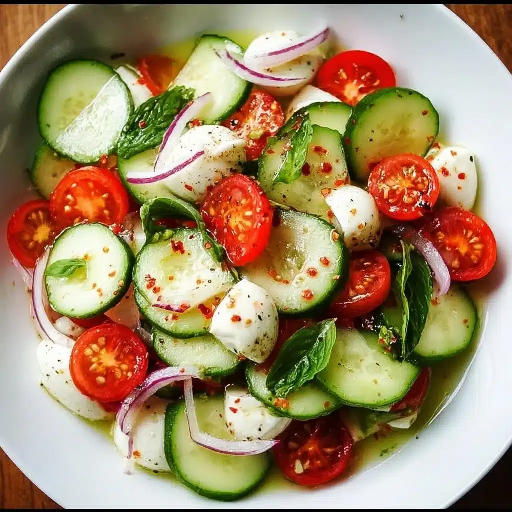 Cucumber Caprese Salad with fresh cucumbers, tomatoes, and mozzarella cheese