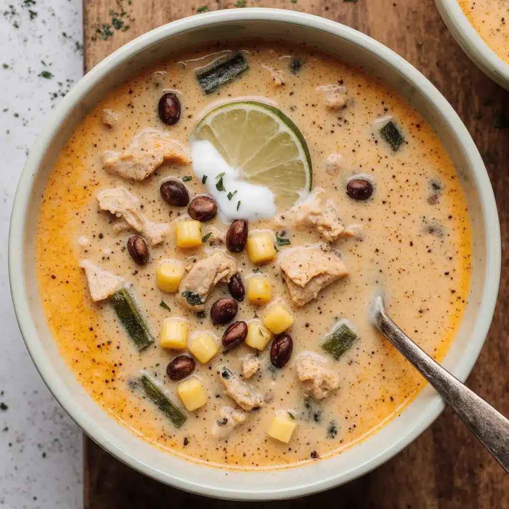 Bowl of easy chicken soup with poblano and black beans