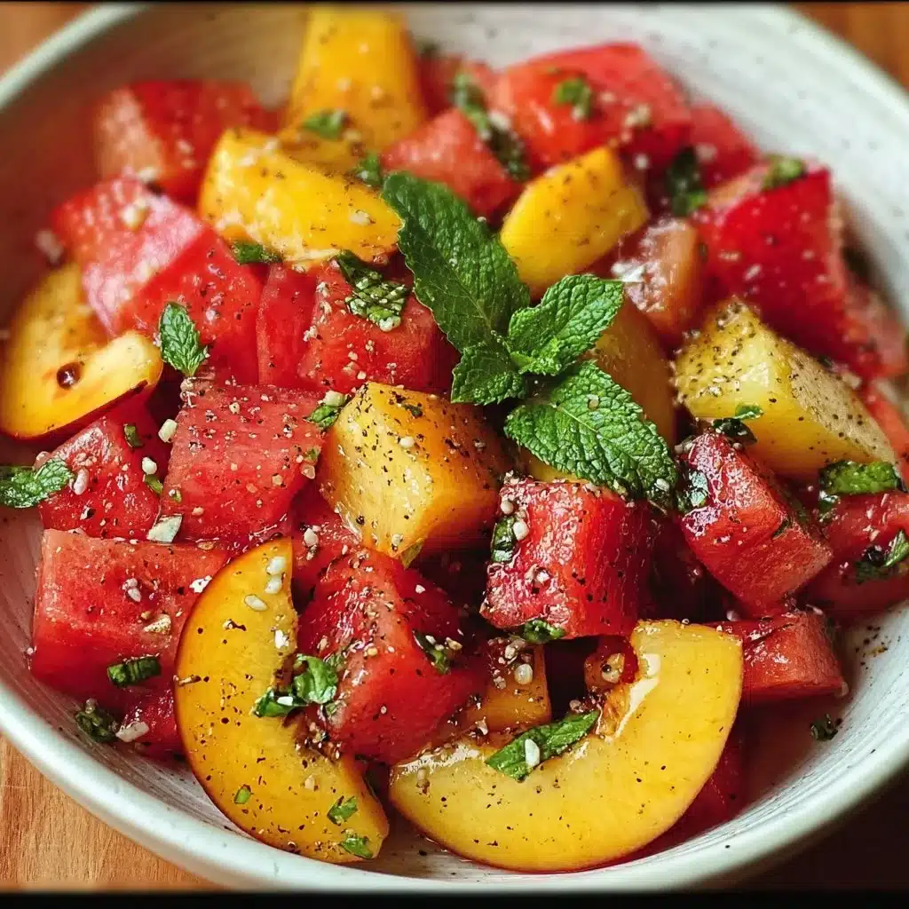 Vibrant summer peach watermelon salad with fresh fruits and mint leaves