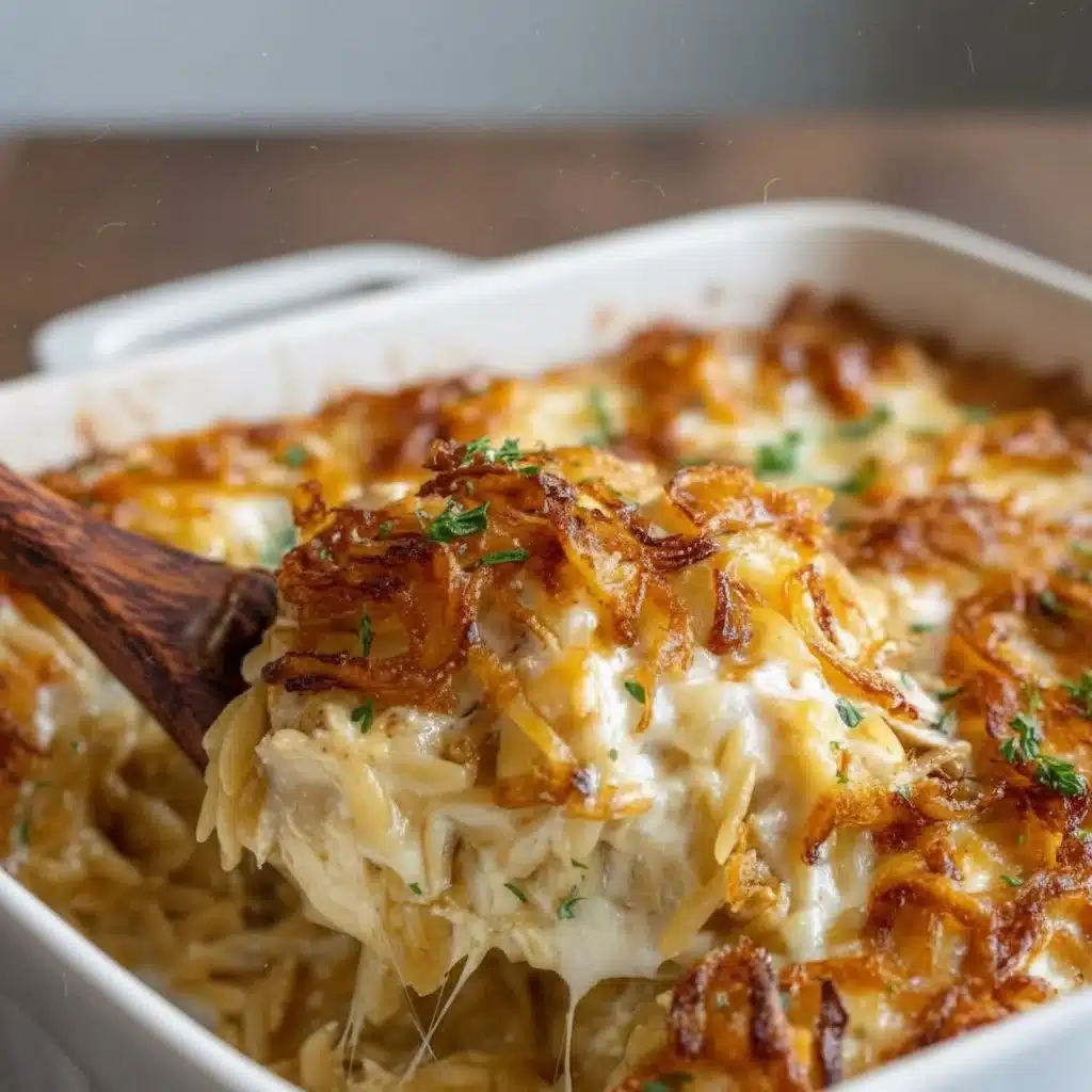 French onion chicken orzo casserole with cheese and herbs