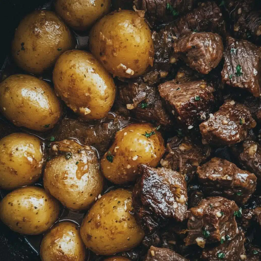 Garlic Butter Beef Bites with seasoned potatoes in a savory sauce