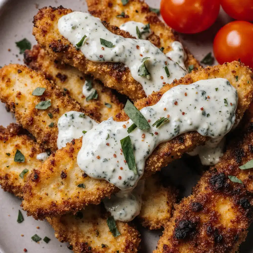 Plate of succulent Greek Chicken Tenders garnished with herbs and lemon.
