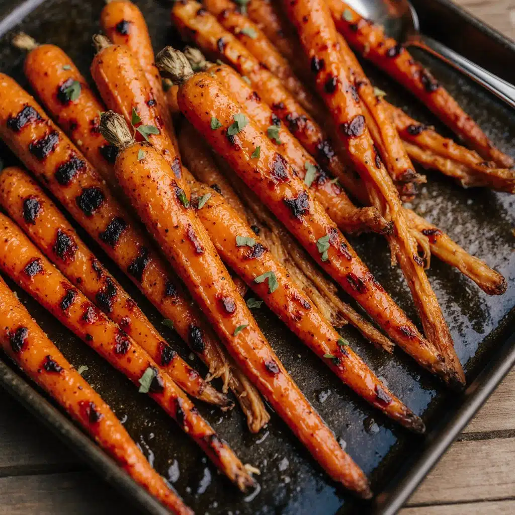 Grilled carrots glazed with honey and herbs on a plate.