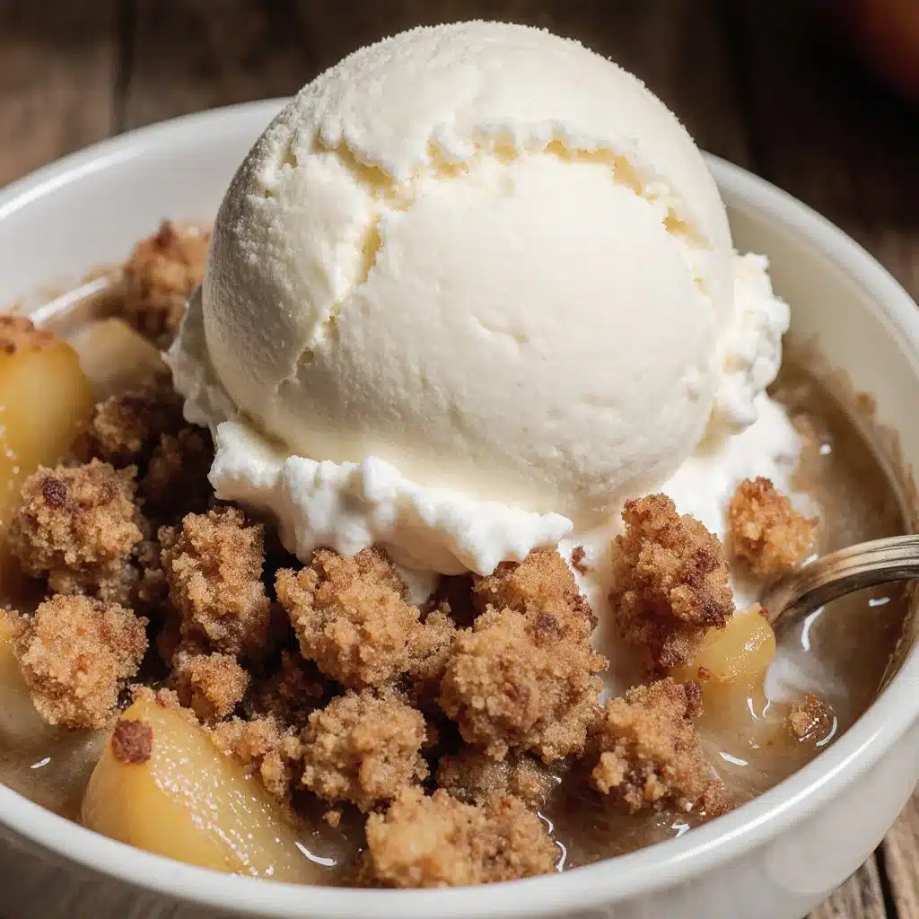 Delicious homemade apple crumble served in a baking dish with a golden topping.
