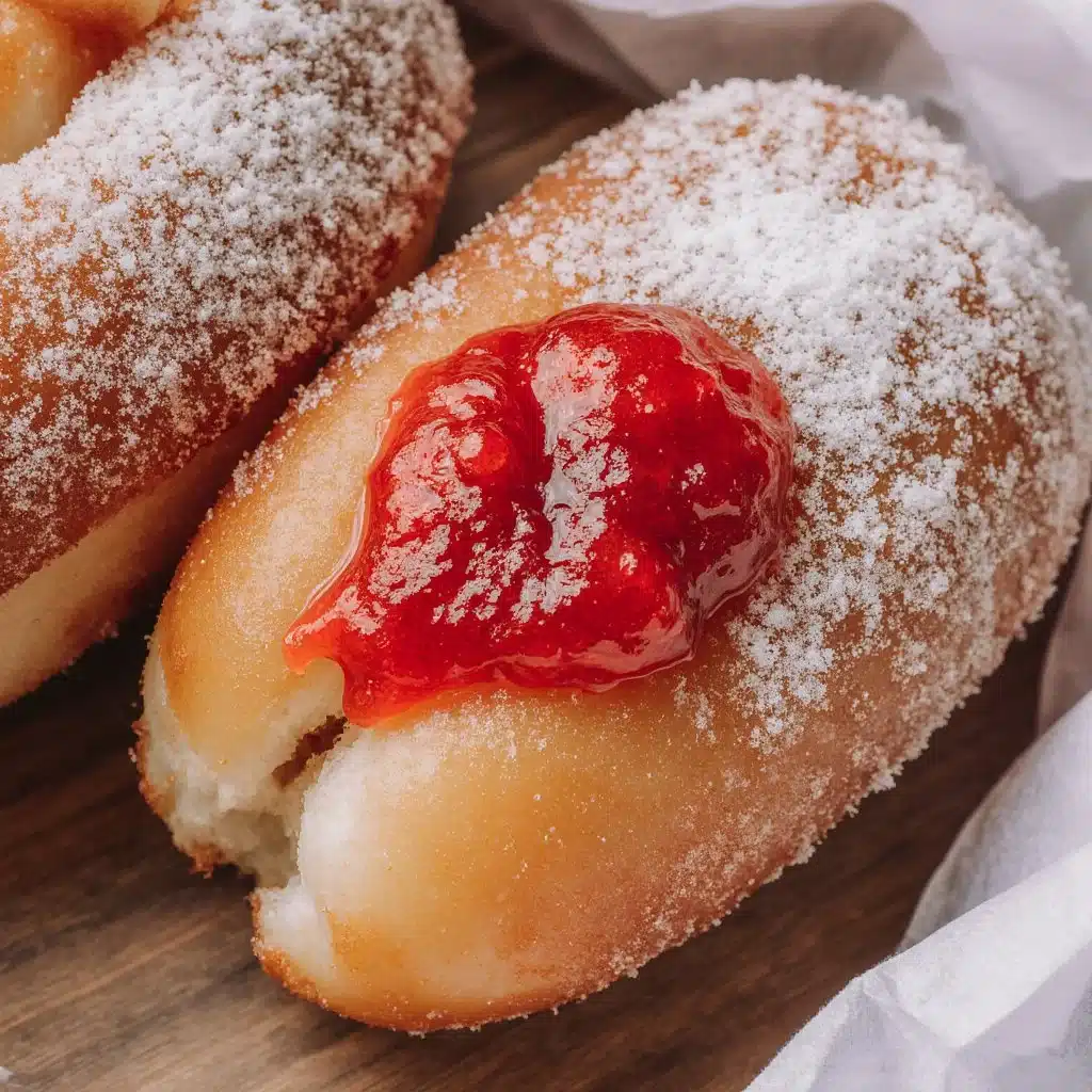 Delicious homemade jelly donuts dusted with powdered sugar and filled with fruit jelly