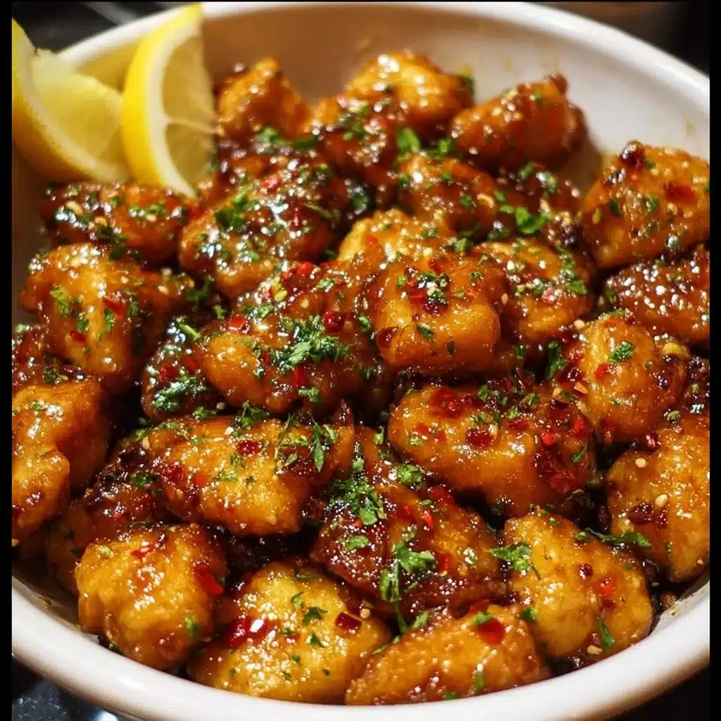 Plate of honey garlic chicken bites served with vegetables