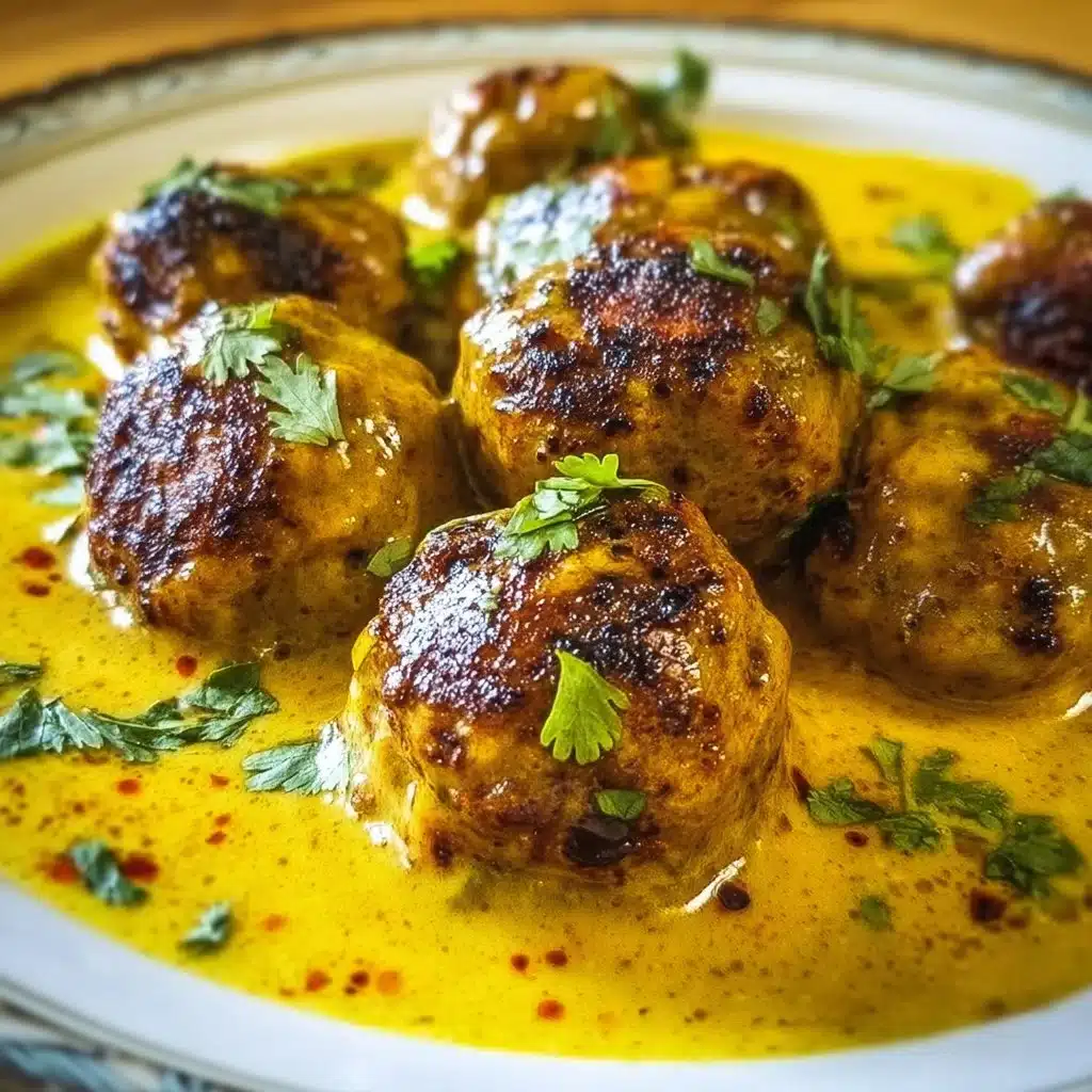 Jerk-spiced chicken meatballs in coconut curry sauce served in a bowl