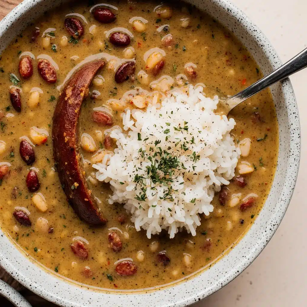 Bowl of Louisiana Red Beans and Rice with sausage and green onions