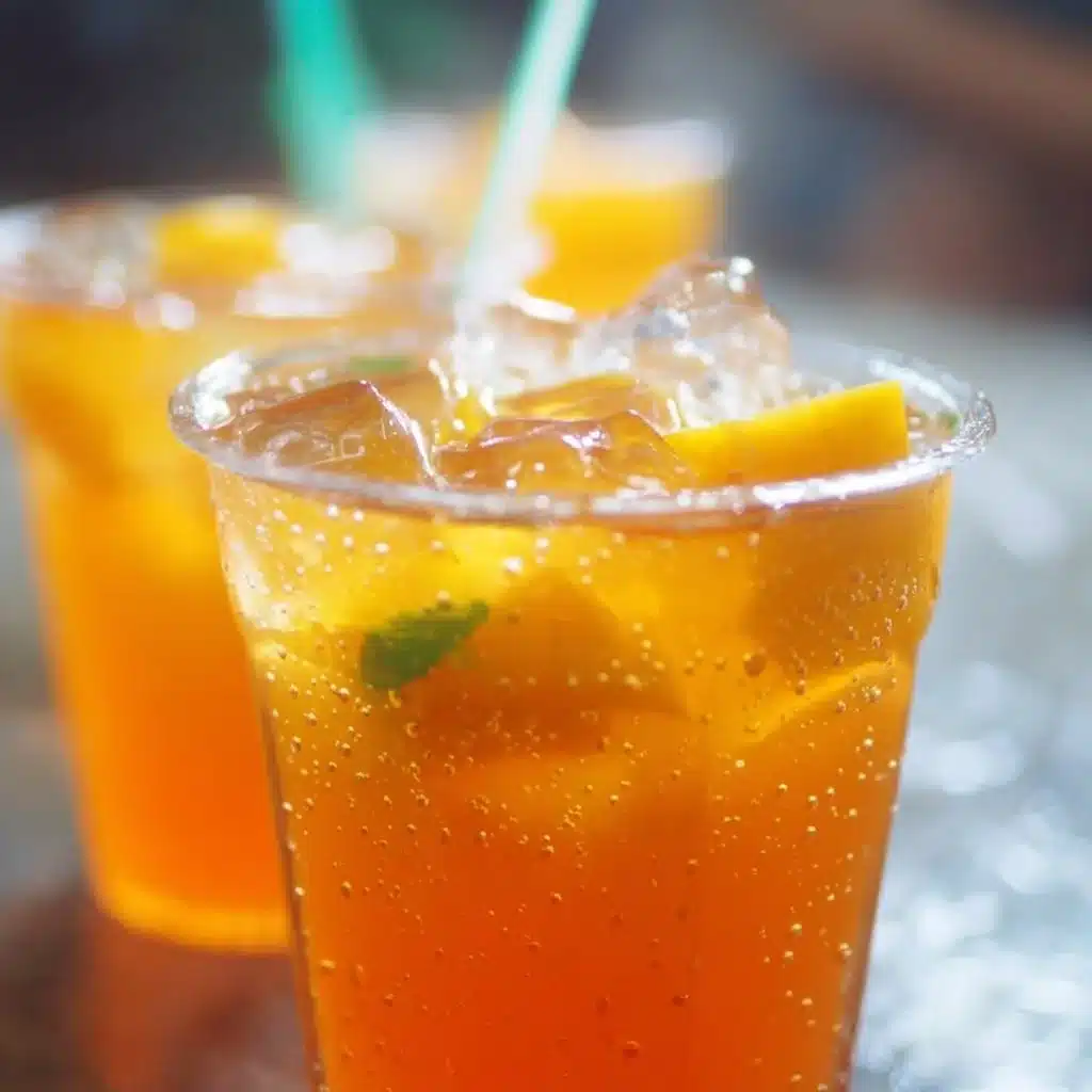 Refreshing mango iced tea served in a glass with ice and mint leaves.