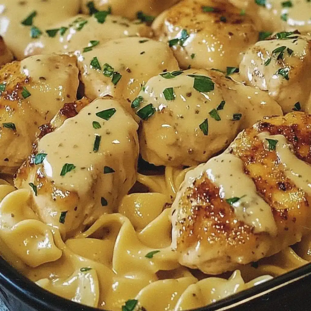 One-Pan Chicken with Buttered Noodles served in a skillet.