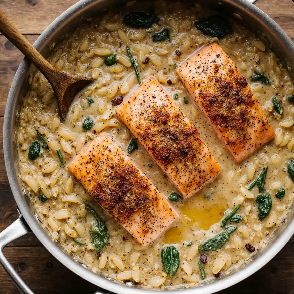 Plate of pan-seared salmon served with lemony orzo and fresh herbs