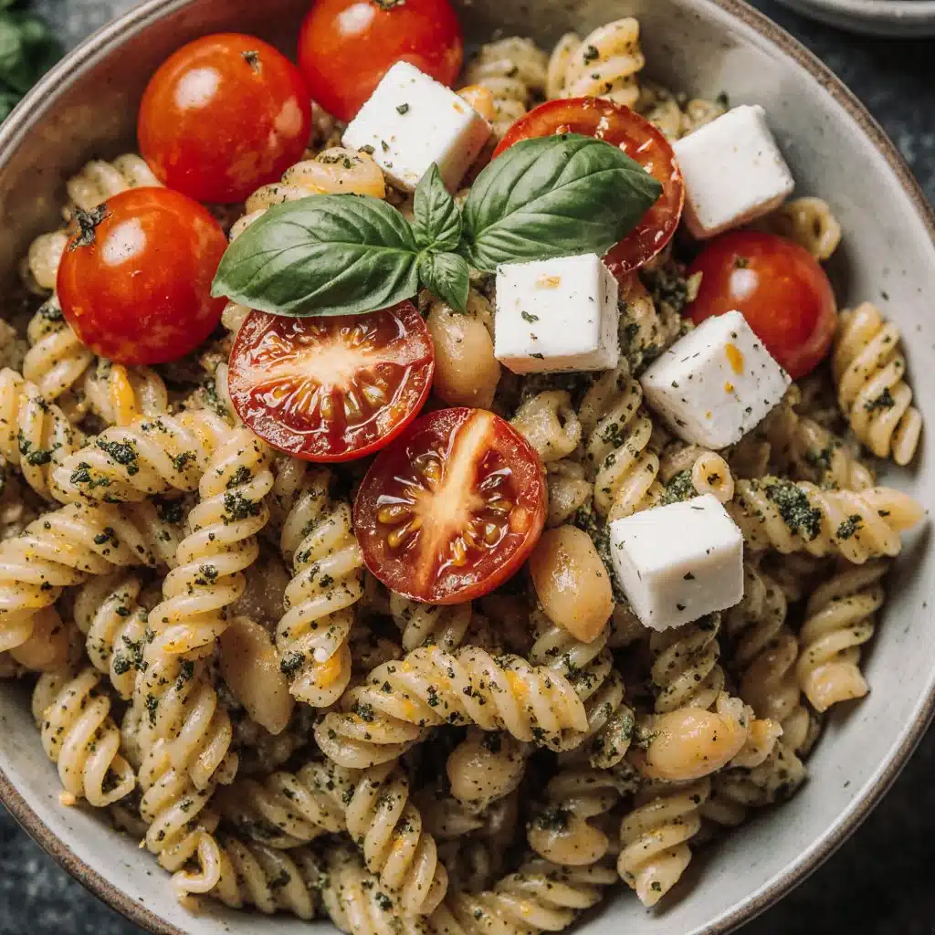 A colorful bowl of pasta salad topped with fresh basil pesto and vegetables.