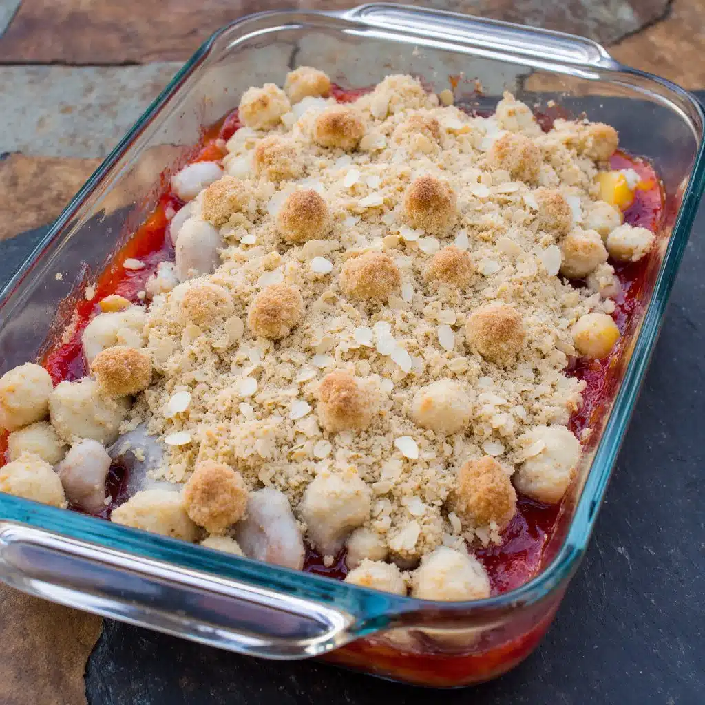 Delicious Peach Strawberry Crisp served in a baking dish topped with oats and fruits.