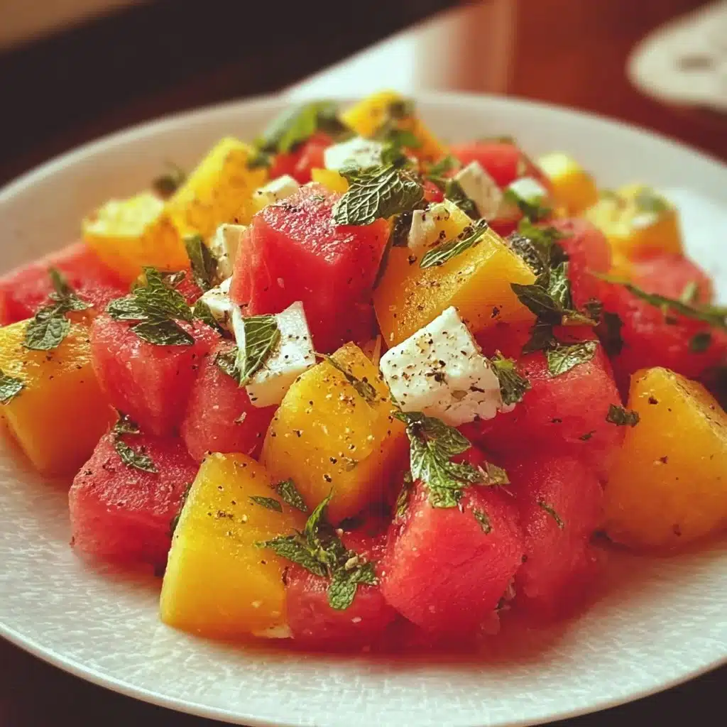Colorful Peach Watermelon Salad with mint and feta cheese