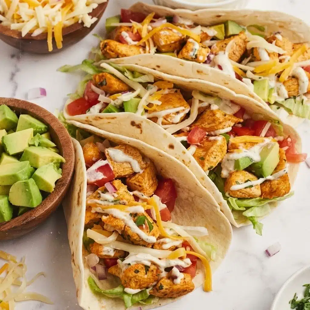Delicious Ranch Chicken Tacos topped with fresh ingredients and ranch dressing.