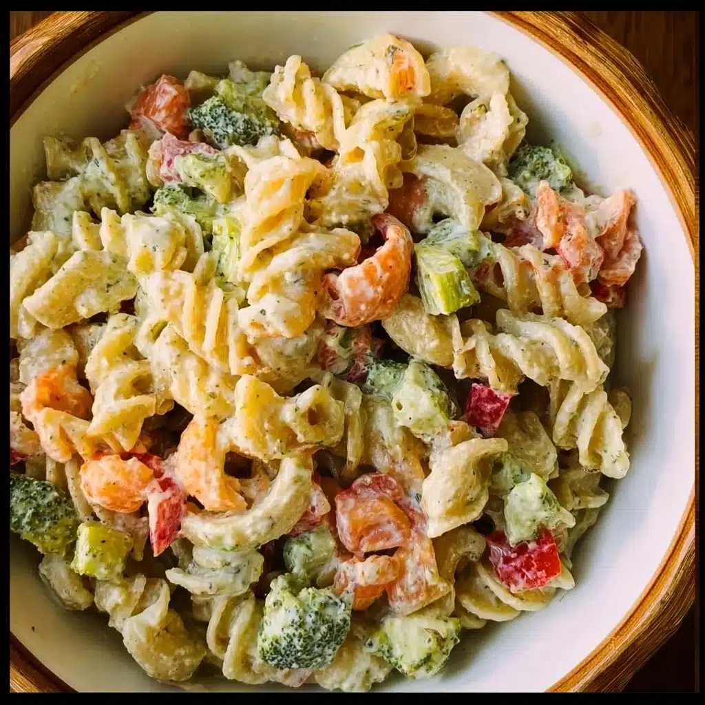 Colorful ranch pasta salad with veggies and dressing in a bowl.