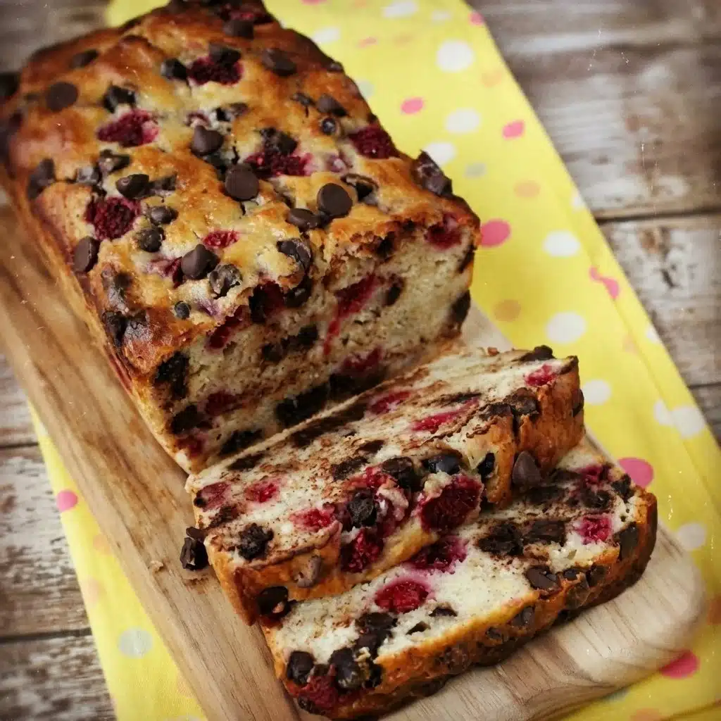 Raspberry Dark Chocolate Banana Bread with rich dark chocolate and fresh raspberries