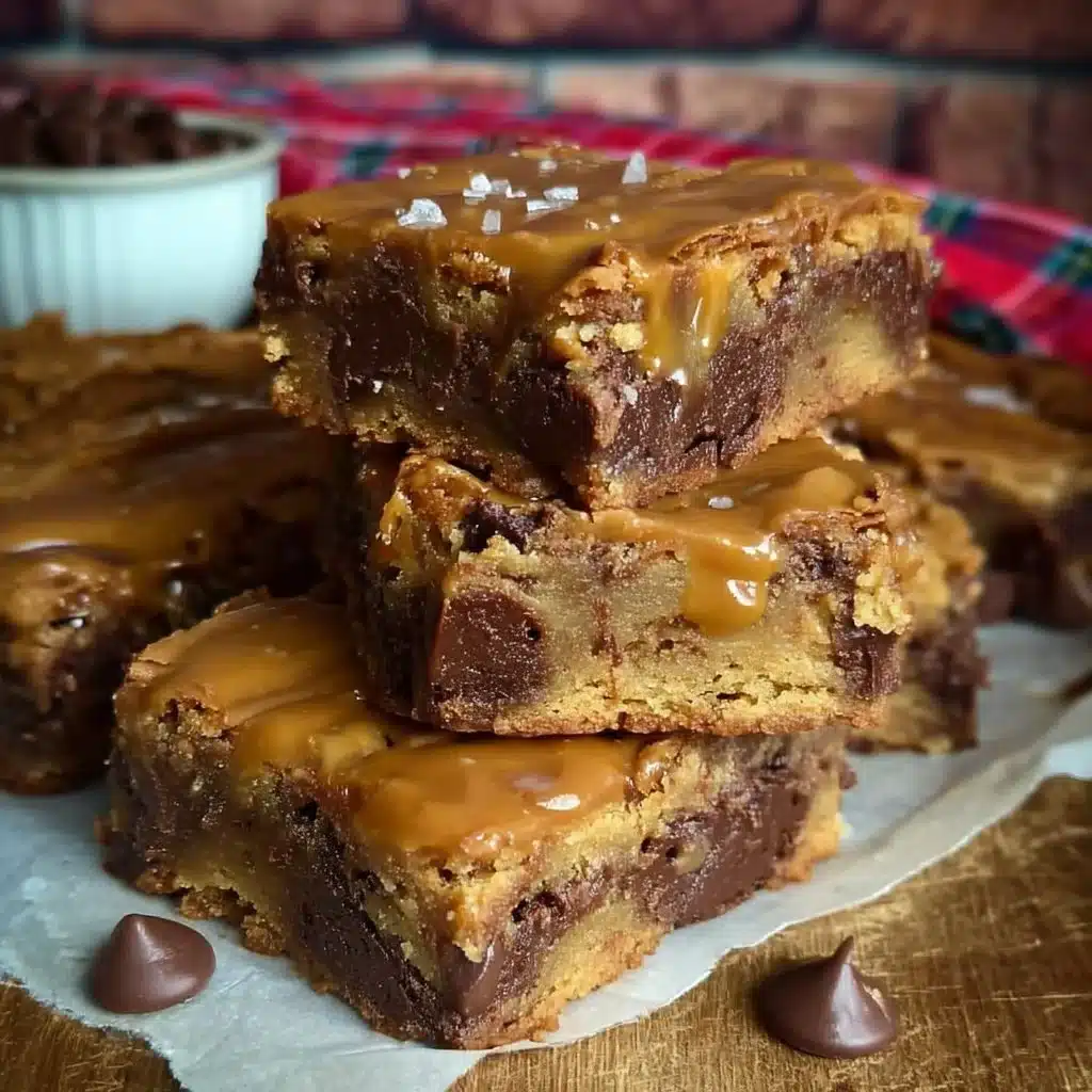 Salted Caramel Chocolate Chip Cookie Bars with chocolate drizzle