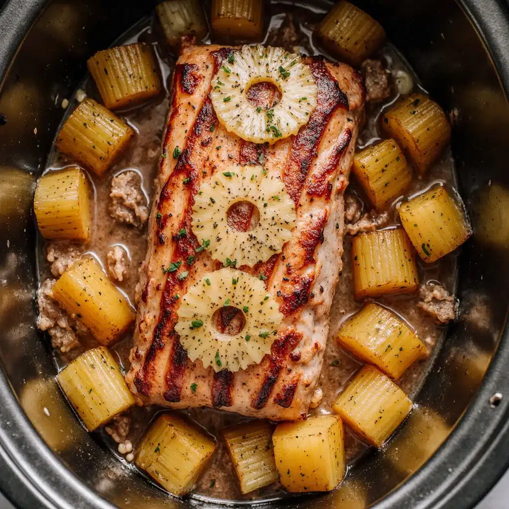 Tender slow cooker pineapple pork loin garnished with fresh parsley