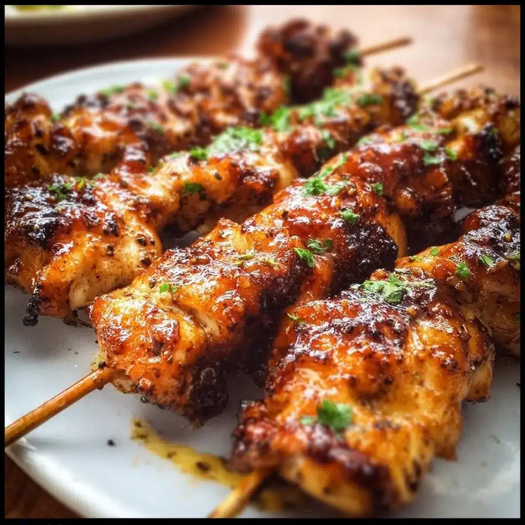 Smoky Sweet Tangy Chicken Skewers ready to grill and serve.