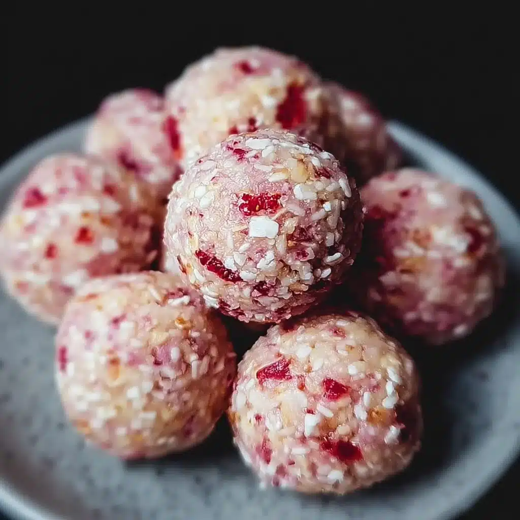 Strawberry Cheesecake Protein Balls with fresh strawberries and creamy texture