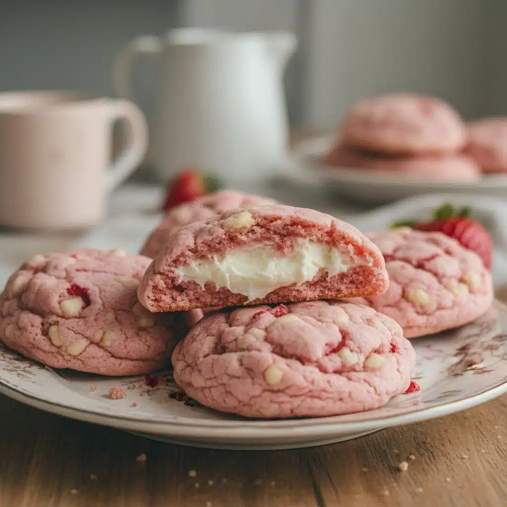 Delicious strawberry cheesecake stuffed cookies fresh out of the oven